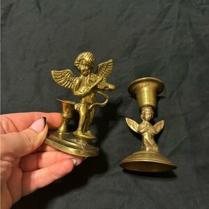 Set of Two Brass Vintage Cherub Candle Holders
